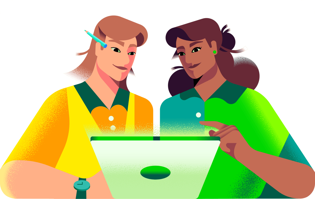 Ilustração de dois empreendedores analisando dados em um notebook