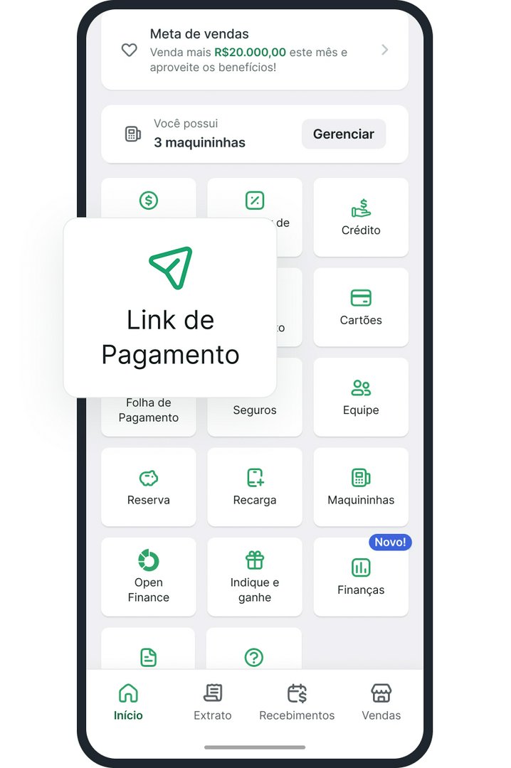 No app ou Portal Web Stone, acesse Link de pagamento no menu inicial e em seguida clique no botão “Criar Link de pagamento”