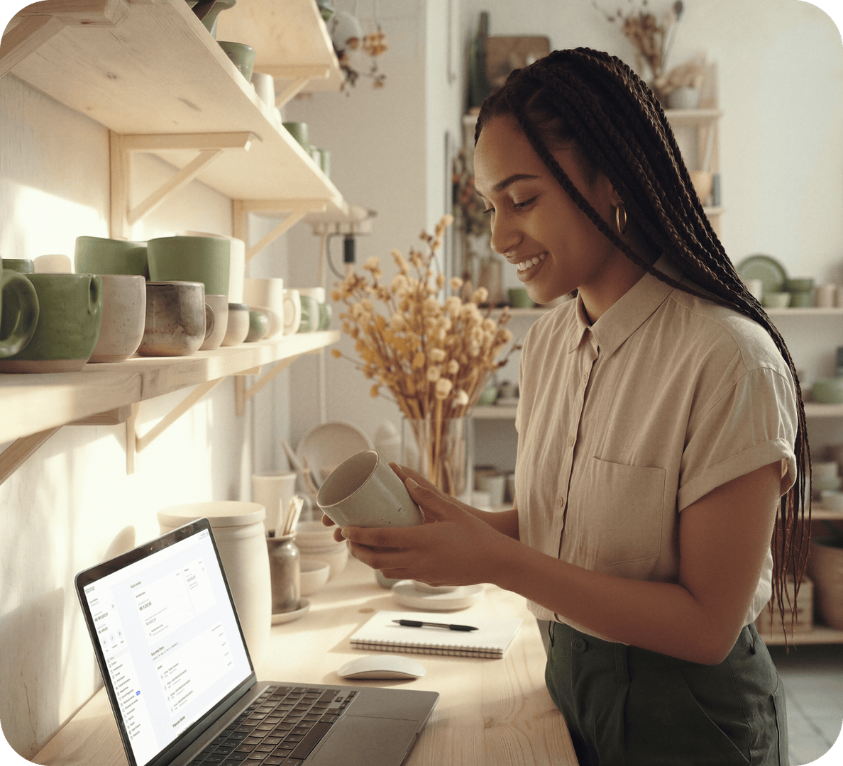 A empreendedora em sua loja de roupas, com linhas de costuras atrás está segurando um celular para enviar o link de pagamento aos seus clientes através do Messenger do Facebook, Whatsapp e Instagram.