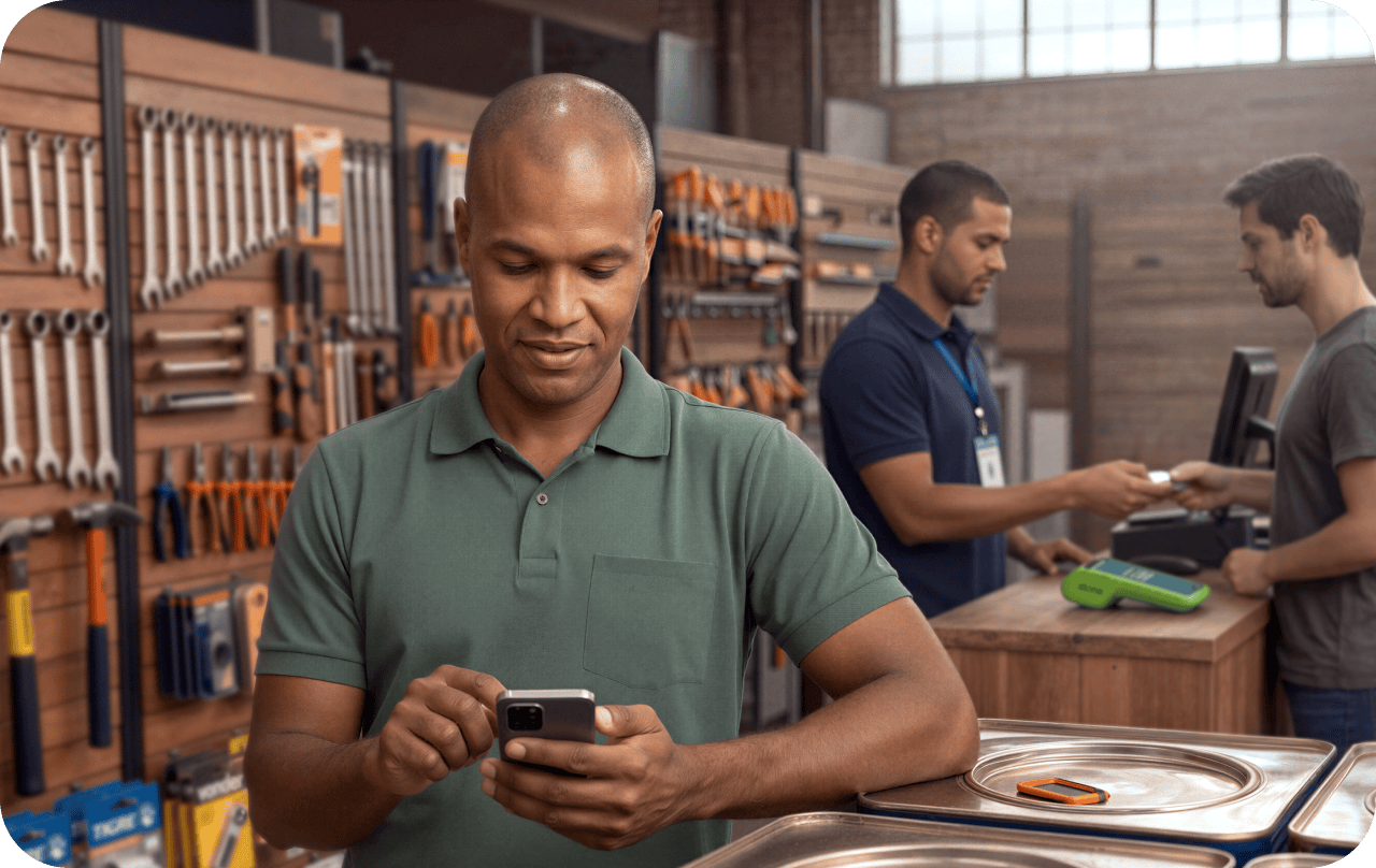 Empreendedor em loja de ferragens consultando o celular, com colega operando maquininha Stone ao fundo