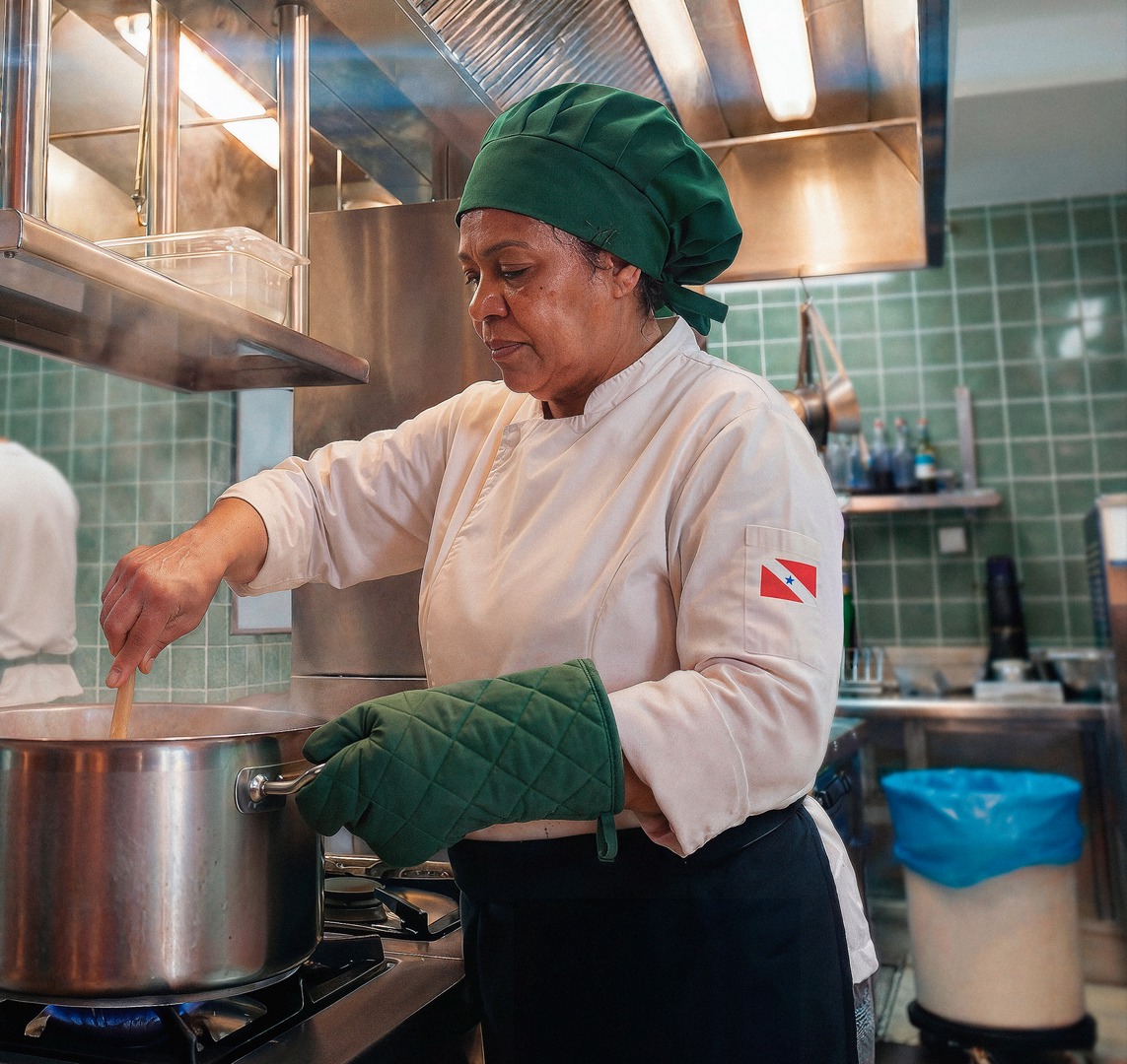 Chefe de cozinha mexendo em uma panela
