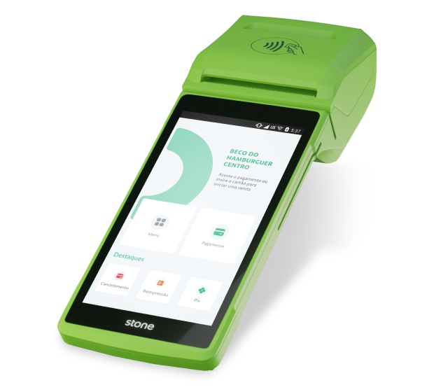 No passo a passo 1, a imagem é do celular no aplicativo Stone na tela de link de pagamento, destacando as opções de criar link de pagamento, gerenciar links e ver vendas.