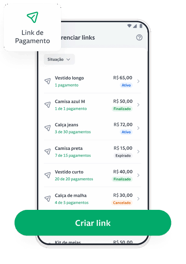 No passo a passo 1, a imagem é do celular no aplicativo Stone na tela de link de pagamento, destacando as opções de criar link de pagamento, gerenciar links e ver vendas.