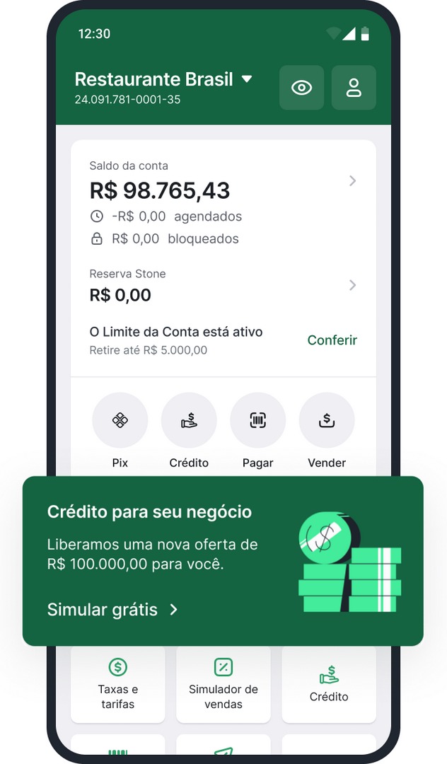 Tela de abertura do app Stone com a opção de solicitar crédito