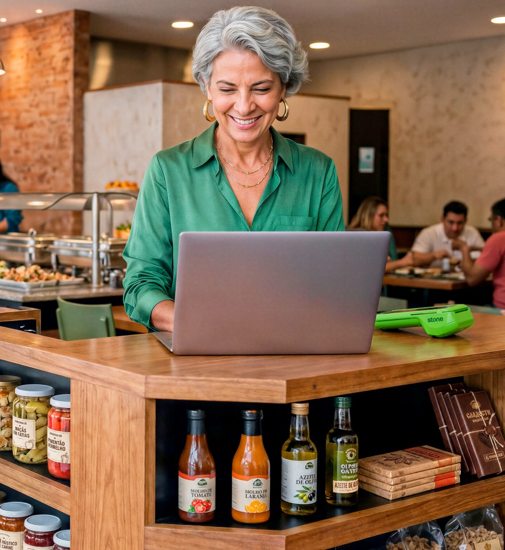 Empreendedora madura sorridente em restaurante self-service operando a Conta Stone no notebook, com maquininha verde ao lado