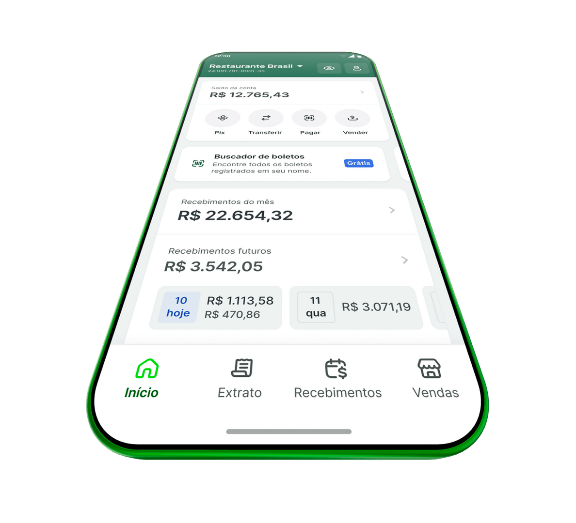 Tela do app Stone exibindo saldo, recebimentos do mês e atalhos de Pix, transferir, pagar e vender
