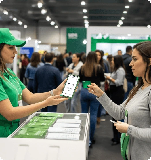 Venda feita pelo TapStone em um evento. Na esquerda, uma mulher de verde segurando o celular com TapStone e na direita, outra mulher segurando um cartão Stone para efetuar o pagamento.
