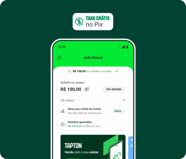 Tela do app Ton com banner Taxa Grátis no Pix