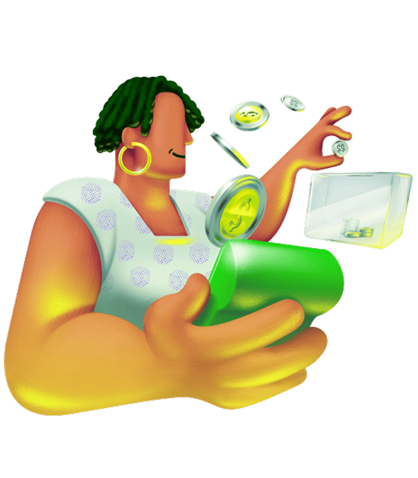 Ilustração 3D de empreendedora organizando moedas em um pote