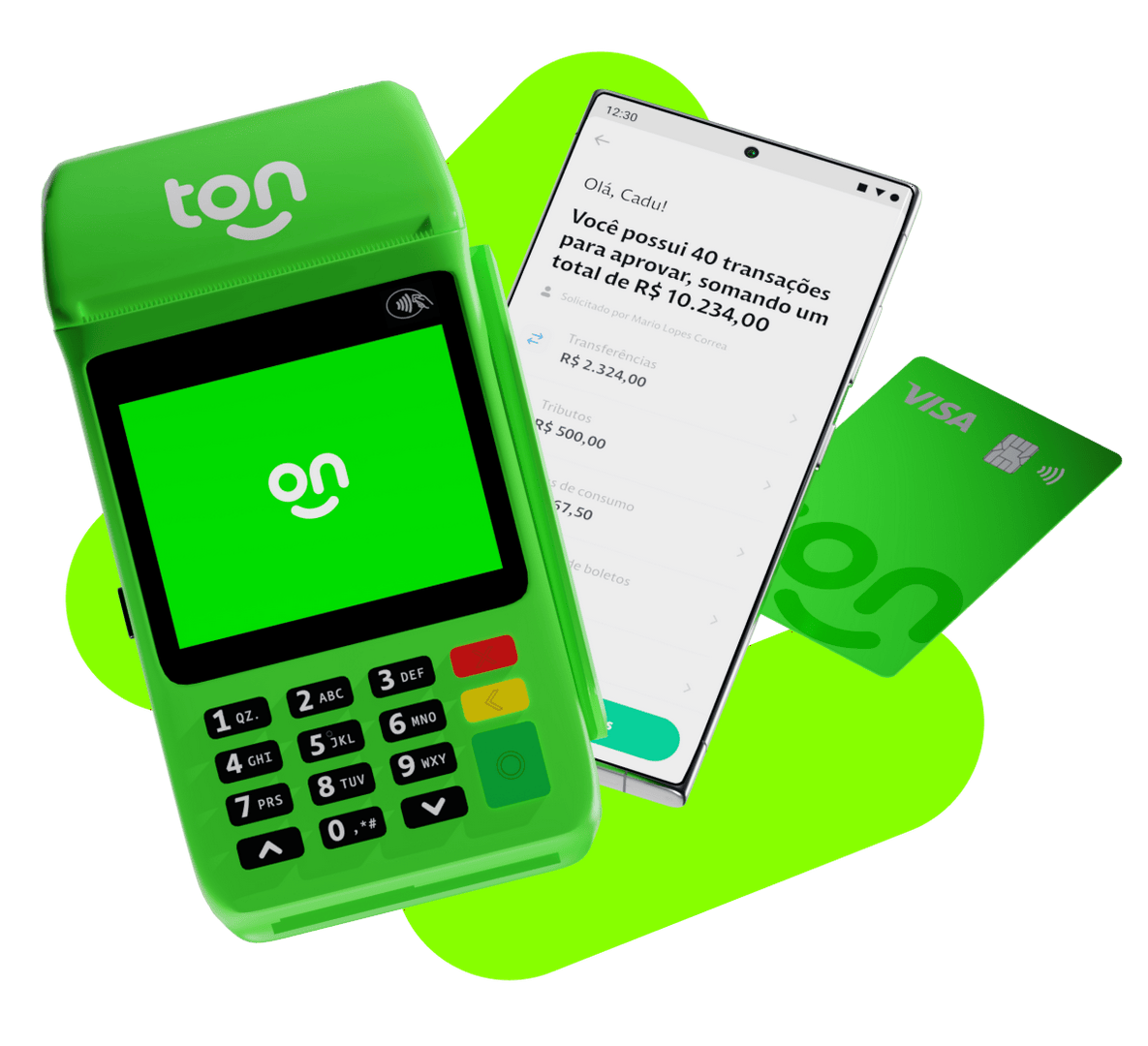 Um celular com o aplicativo do Ton aberto, cartão do Ton e Máquina de Cartão do Ton