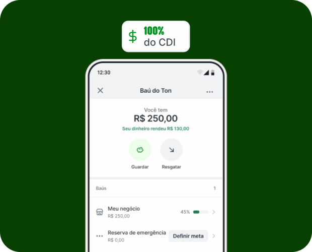 Tela do app Ton mostrando o Baú do Ton com dinheiro guardado
