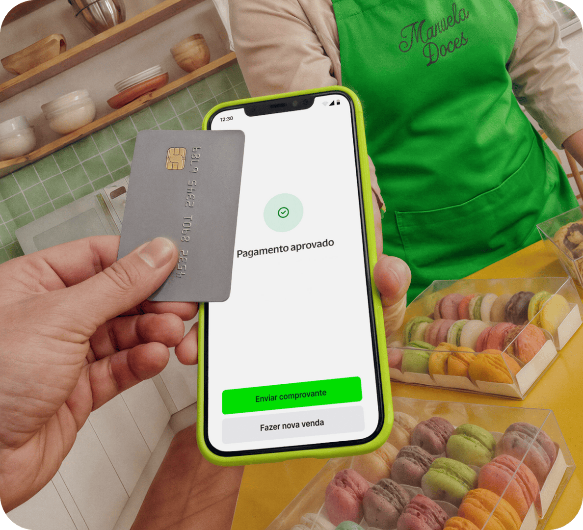 Ilustração de pagamento com cartão Visa verde da Conta Ton usando o sistema de aproximação do Tapton. A tela do dispositivo mostra o valor de R$ 200,00.