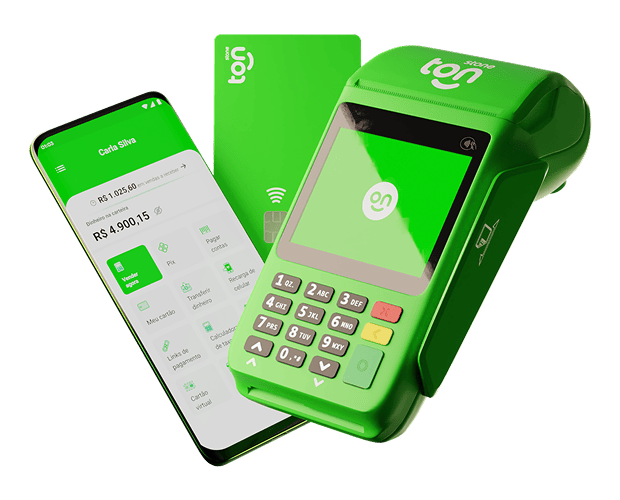 Um celular com o aplicativo do Ton aberto, cartão do Ton e Máquina de Cartão do Ton