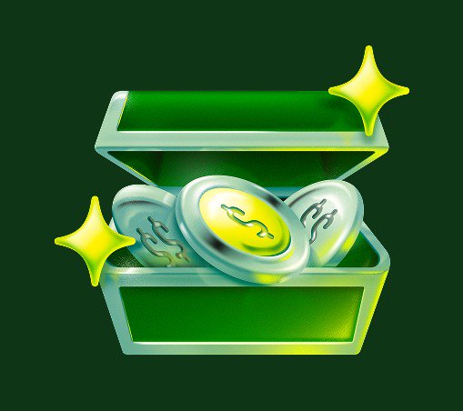 Ilustração de um baú aberto com três moedas grandes e brilhosas