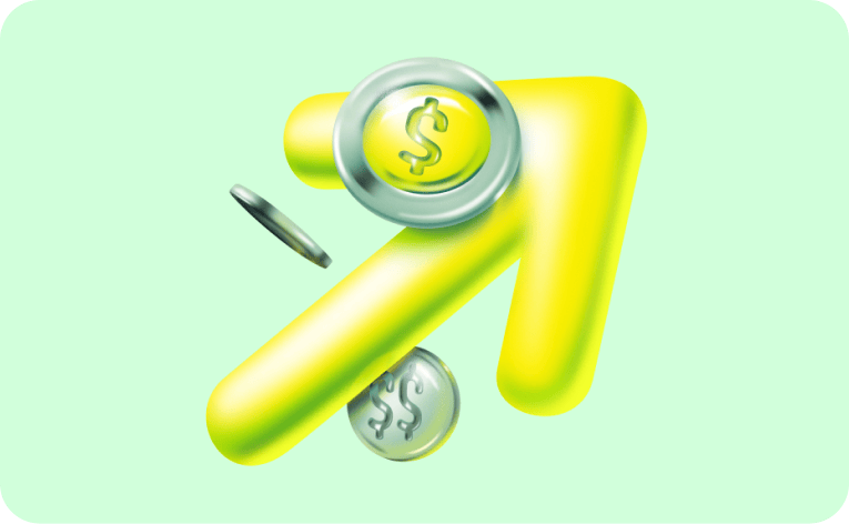 Desenho de uma seta amarela apontada para o canto superior direito da agem com três moedas ao redor