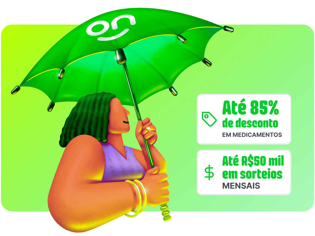 Ilustração de mulher segurando um guarda-chuva ao fundo verde. Ao lado direito da mulher está dois avisos de “Até 85% de desconto em medicamentos” e “até R$50 mil em sorteios mensais”