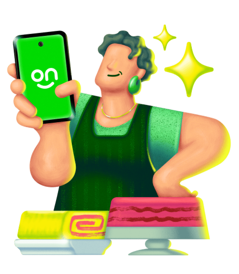 Ilustração 3D de empreendedor mostrando o app Ton no celular