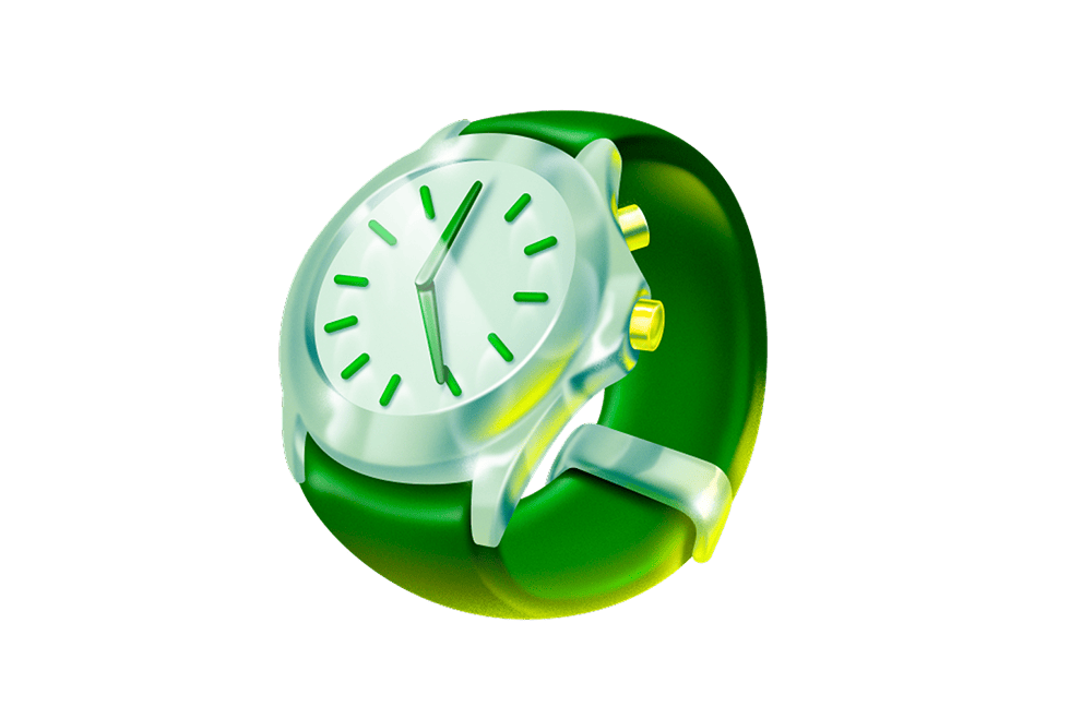 Ilustração 3D de relógio de pulso verde representando tempo