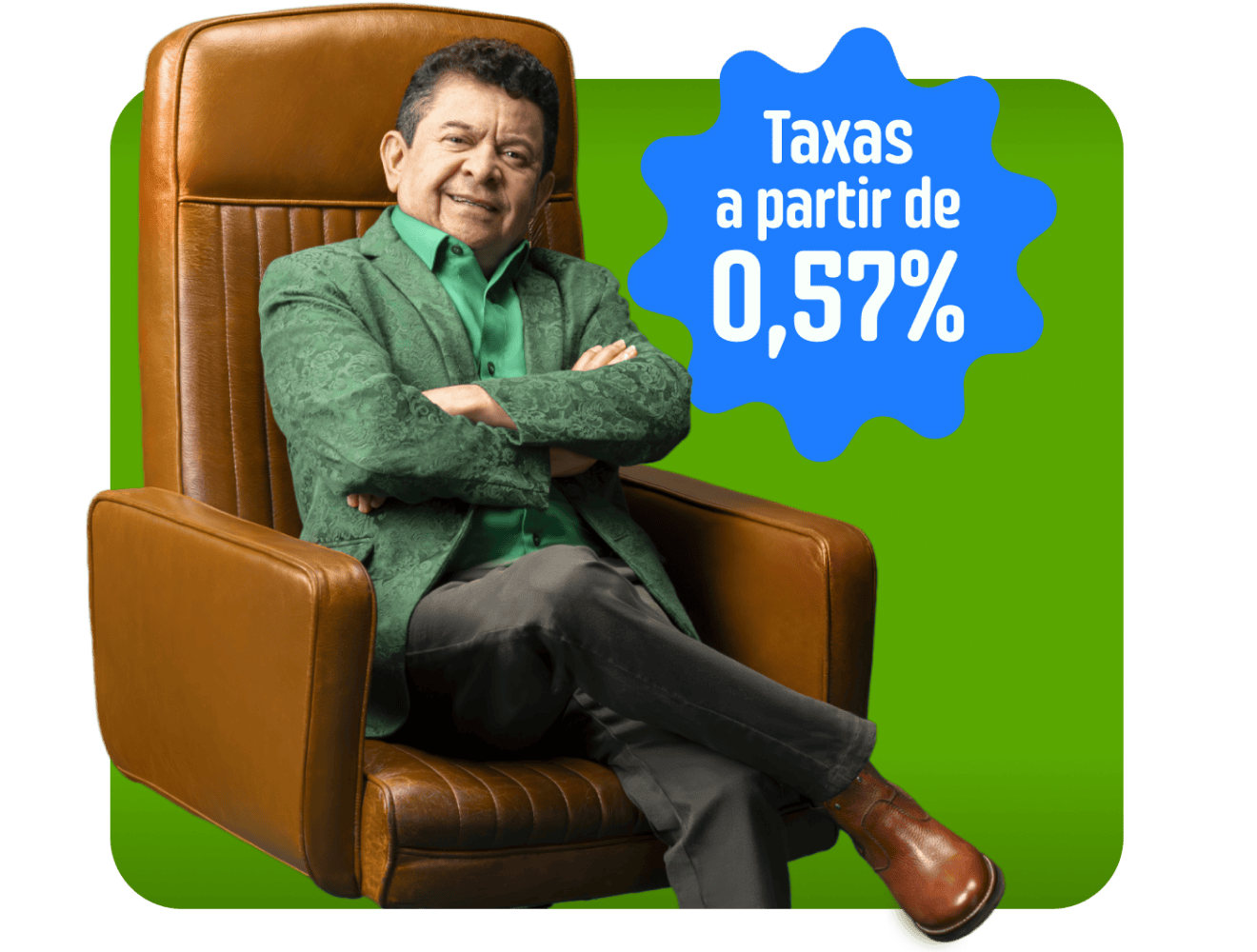 Cantor sertanejo Solimões sentado em poltrona marrom com braços cruzados ao lado do texto Novo Direção de Taxinhas