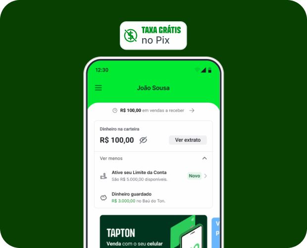 Tela do app Ton com banner Taxa Grátis no Pix