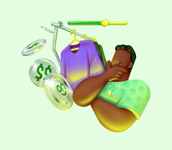 Ilustração de um homem pensativo observando uma arara de roupas e algumas moedas grandes ao redor