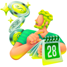 Ilustração 3D de empreendedor com calendário representando guardar dinheiro programado