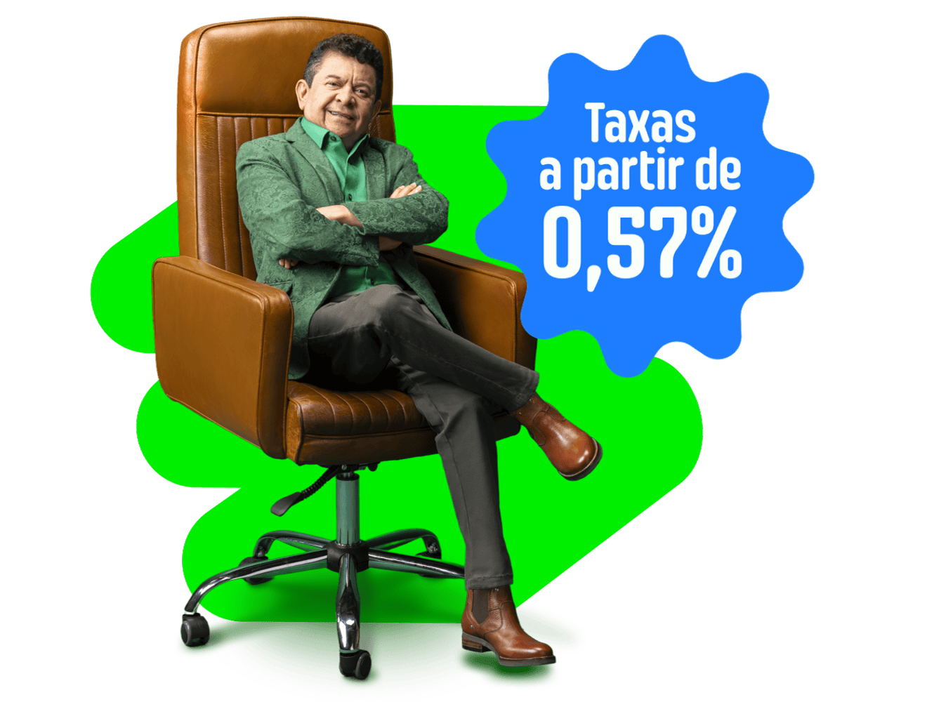 Cantor sertanejo Solimões sentado em poltrona marrom com braços cruzados ao lado do texto Novo Direção de Taxinhas