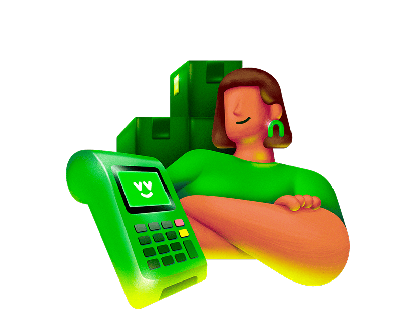 Ilustração 3D de empreendedora com maquininha Ton ao lado de caixas de entrega