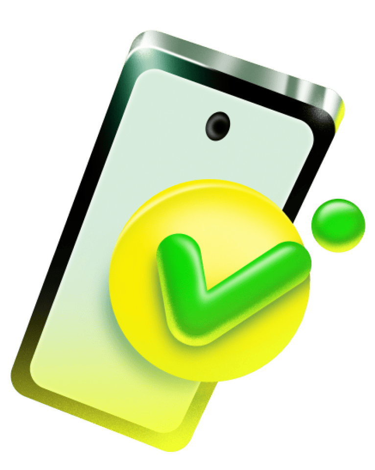 Ilustração 3D de celular Ton com selo verde representando notificações da conta