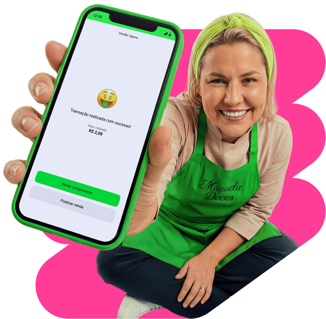 Empreendedora segurando o celular verde representando o TapTon