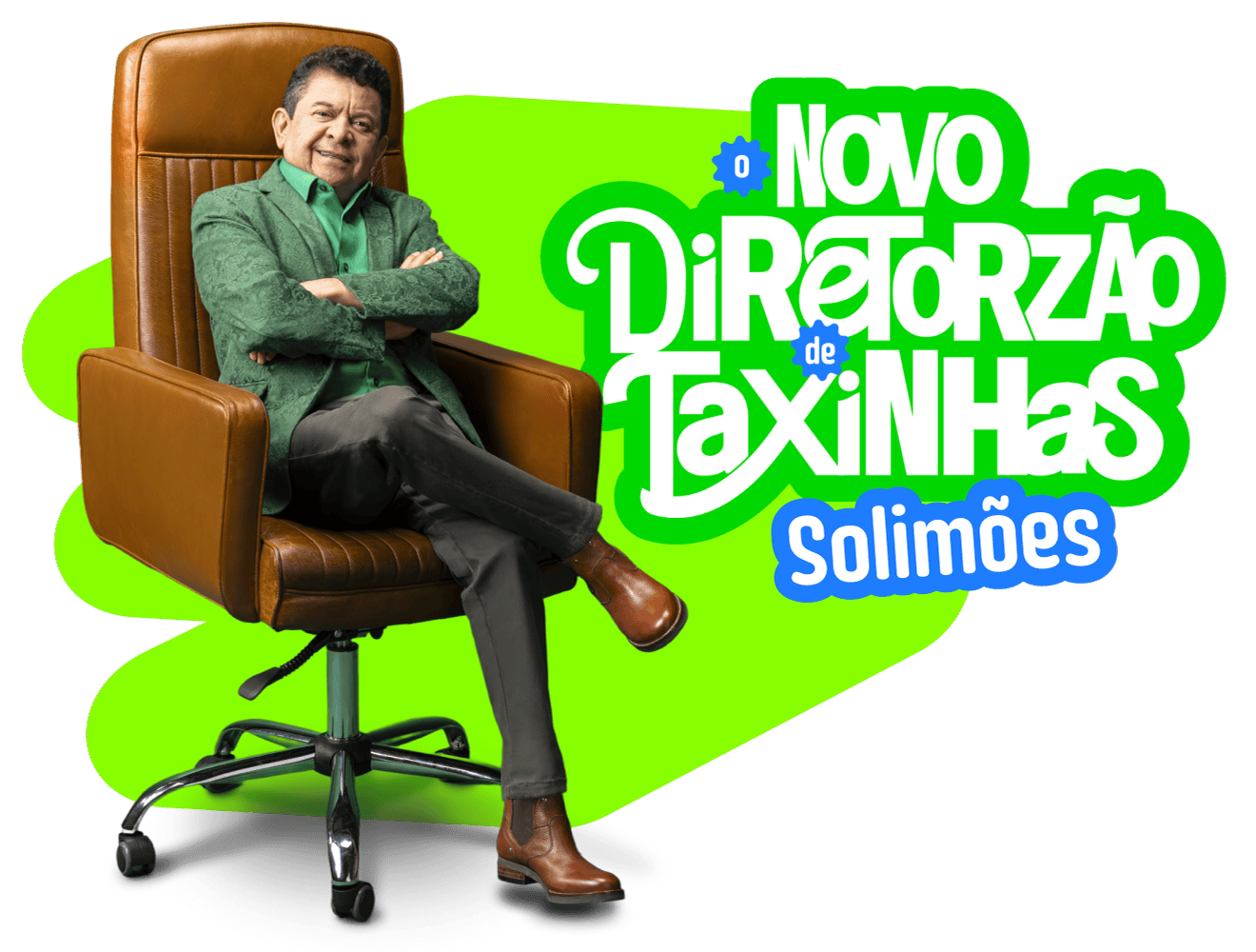 Cantor sertanejo Solimões sentado em poltrona marrom com braços cruzados ao lado do texto Novo Direção de Taxinhas
