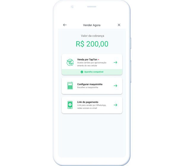 Celular com aplicativo do Ton na tela “vender agora” com valor de cobrança de R$200,00. Com opção “venda por TapTon”