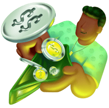 Ilustração de empreendedor recebendo moeda no Baú do Ton