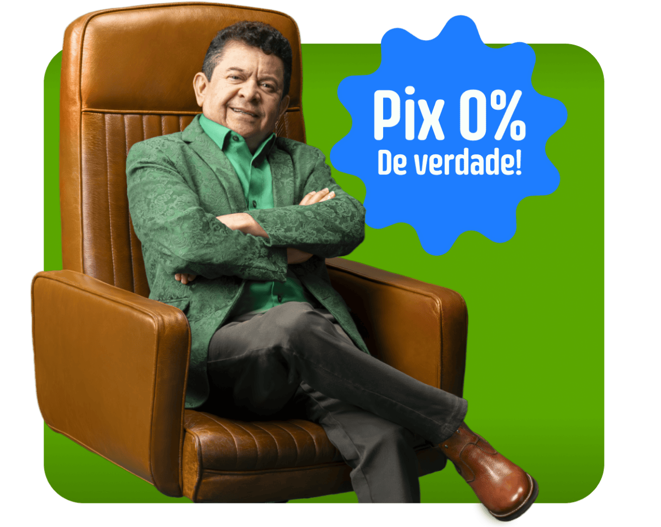 Cantor sertanejo Solimões sentado em poltrona marrom com braços cruzados ao lado do texto Novo Direção de Taxinhas