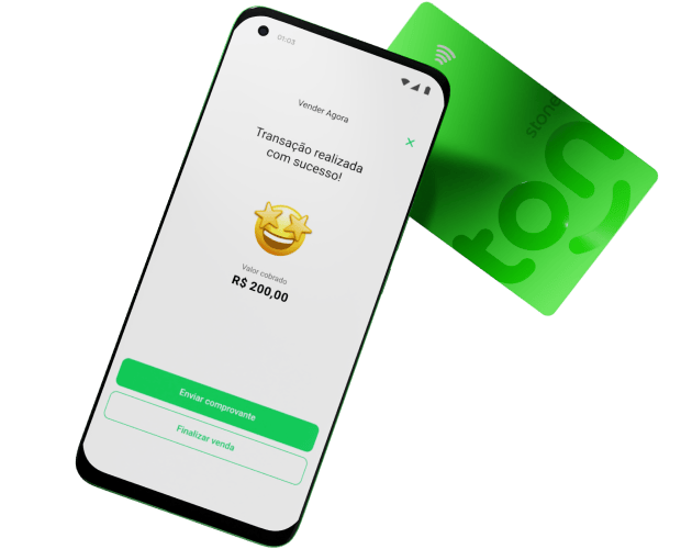 Ilustração de pagamento com cartão Visa verde da Conta Ton usando o sistema de aproximação do Tapton. A tela do dispositivo mostra o valor de R$ 200,00.